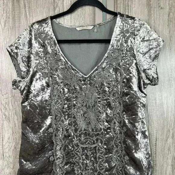 Soft Surroundings Dress Small Short Sleeve Crushed Velvet Embroidered Boho Gray - Picture 3 of 6